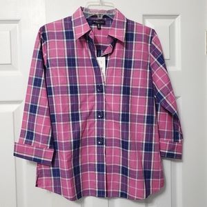 Foxcroft shaped fit wrinkle free womens button down 3/4 sleeve pink purple 6